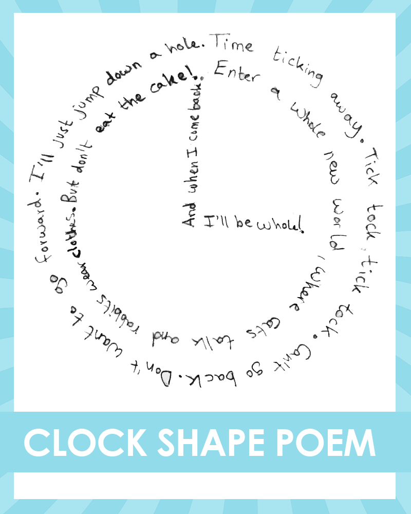 Alice in the wonderland shape poetry writing activity clock shape poem